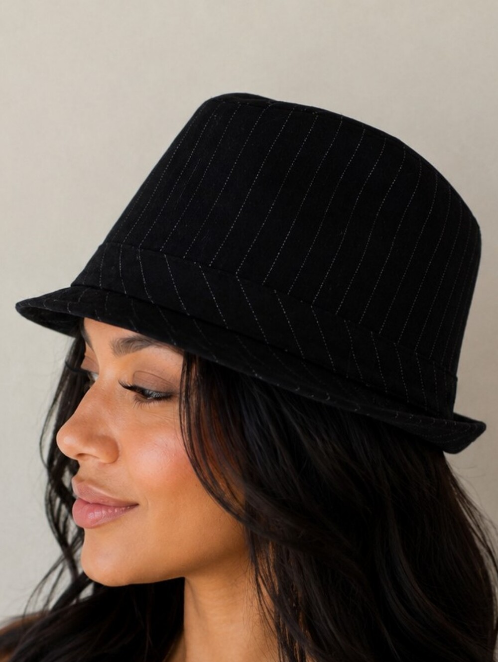 Quality Milliner Black Pinstripe Fedora Hat